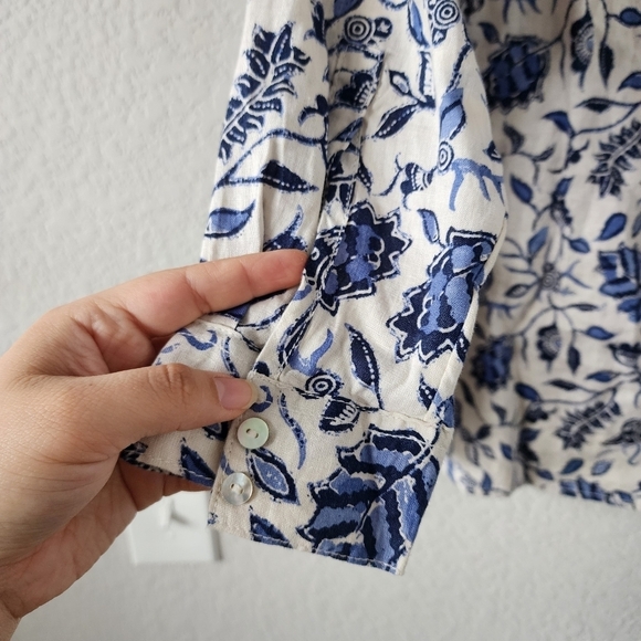 Rachel Zoe 100% Linen Button Up Paisley Floral Peasant Tunic Top Blue Lagenlook - Picture 8 of 12